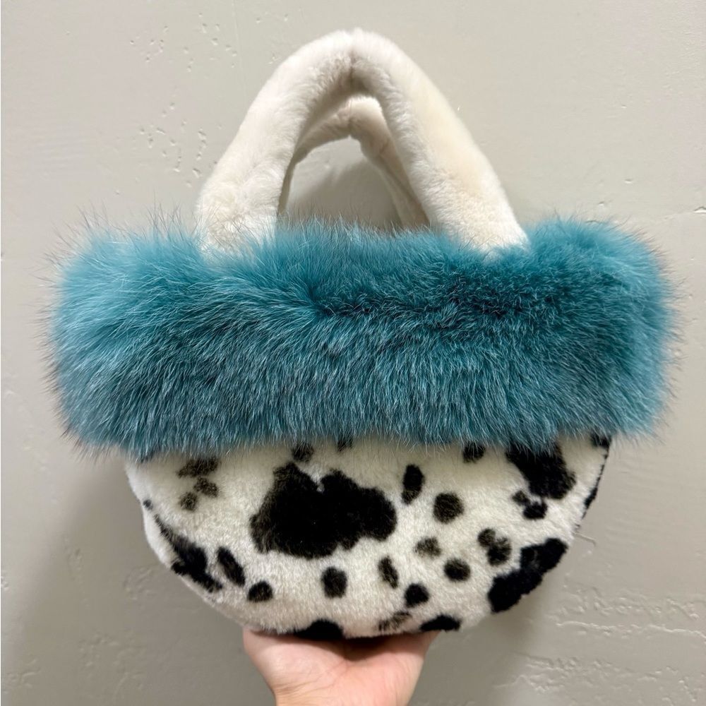 Colorblock Handmade Real Fox Fur & Shearling leather Top Handles Bag/Multi Use - Picture 3 of 16